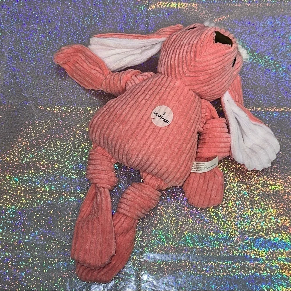Dog Toy BUNNY Plush Ribbed Knotted Pink White 1 Squeaker 14 Inches NWOT